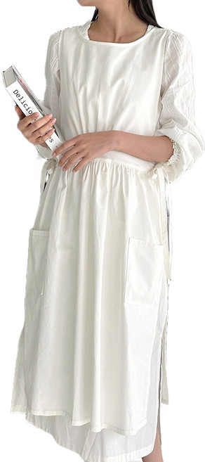 까사베르데 앨리스 베이직 사이드 리본 포켓 롱앞치마, 화이트, 1개