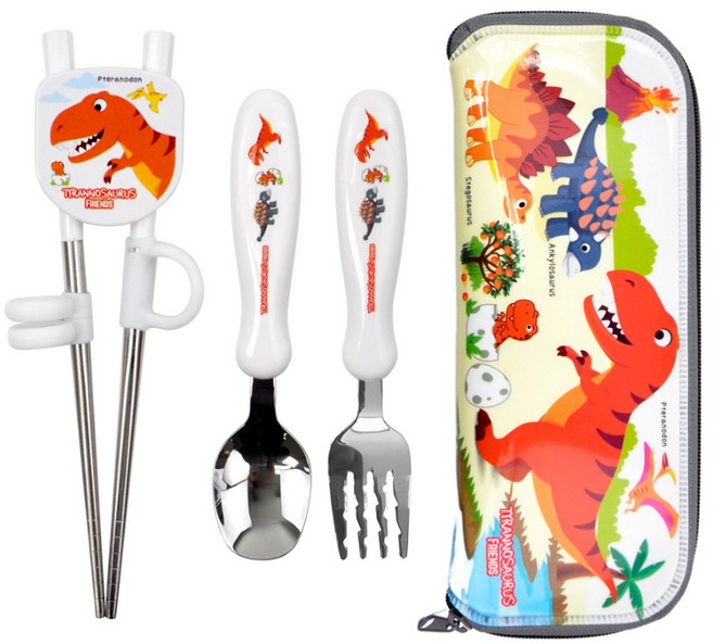 키친유 티라노 1단계 수저, 화이트, 스푼 + 포크 + 젓가락 + 케이스, 1세트
