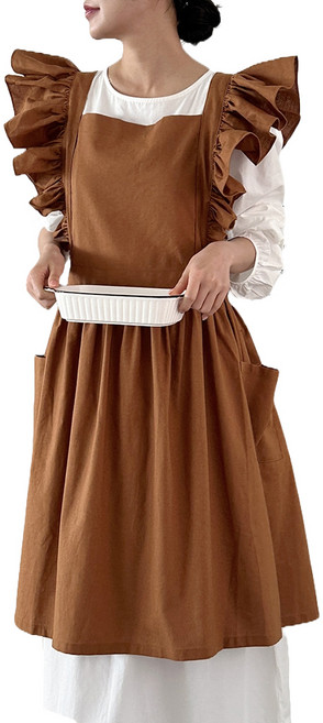 까사베르데 내추럴 러블리 린넨 광목 코튼 롱 프릴 앞치마, 카라멜, 1개