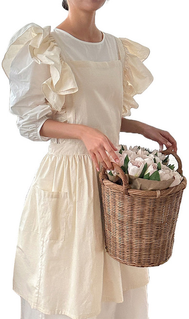 까사베르데 내추럴 러블리 린넨 광목 코튼 롱 프릴 앞치마, 아이보리, 1개