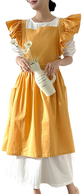 까사베르데 내추럴 러블리 린넨 광목 코튼 롱 프릴 앞치마, 옐로우, 1개