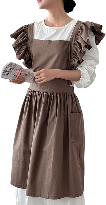까사베르데 내추럴 러블리 린넨 광목 코튼 롱 프릴 앞치마, 초코브라운, 1개