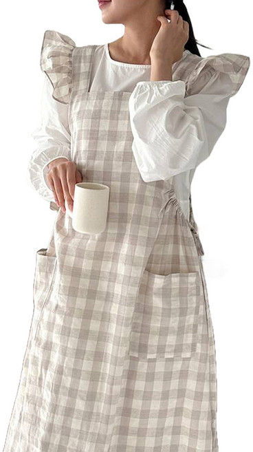 까사베르데 디브 프릴 포켓 에이프런 롱앞치마, 내추럴체크, 1개