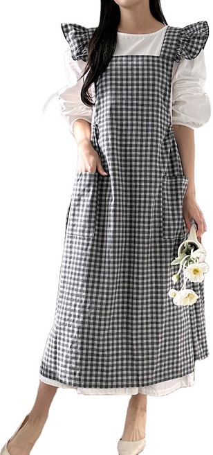 까사베르데 디브 프릴 포켓 에이프런 롱앞치마, 블랙 체크, 1개