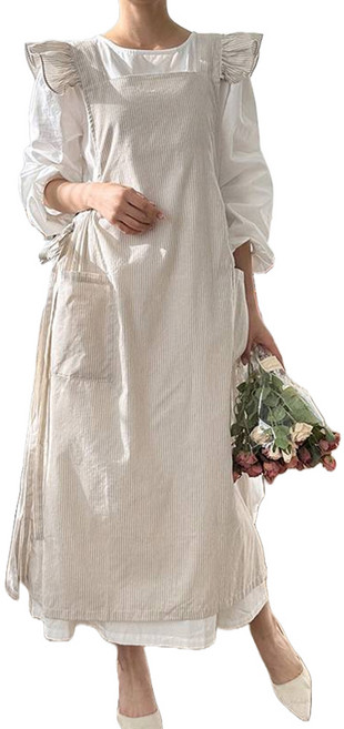 까사베르데 디브 프릴 포켓 에이프런 롱앞치마, 베이지 스트라이프, 1개