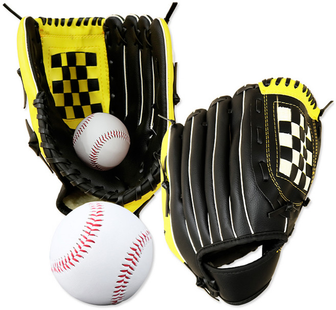 마메 야구 캐치볼 우투 글러브 2p + 야구공 2p 세트, 검정 + 노랑, 1세트
