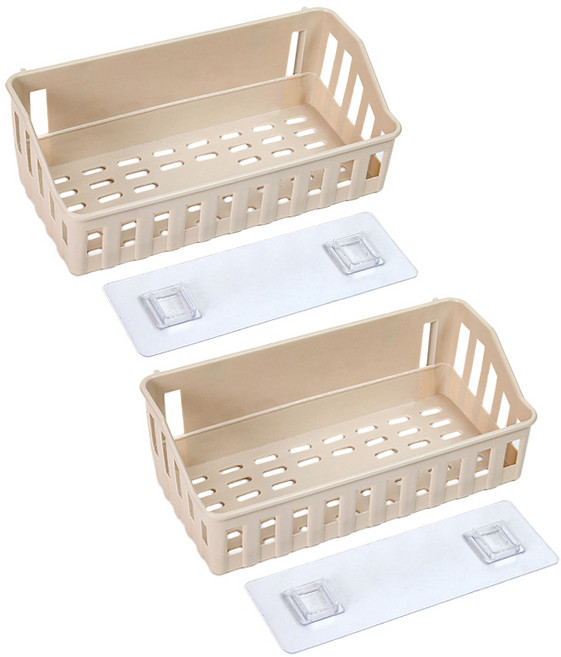 한봄누리 벽걸이 플라스틱 정리 선반 욕실 바구니, 베이지, 2개