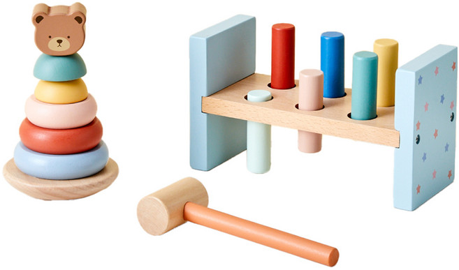 모던하우스 우드토이 꼬곰이 링쌓기 + 망치놀이 세트, 혼합색상, 1세트