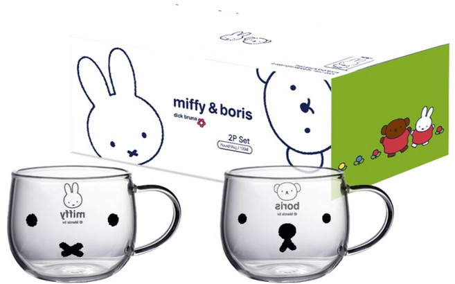 에지리 내열유리 머그컵 100ml 2종 세트, 미피, 보리스, 1세트