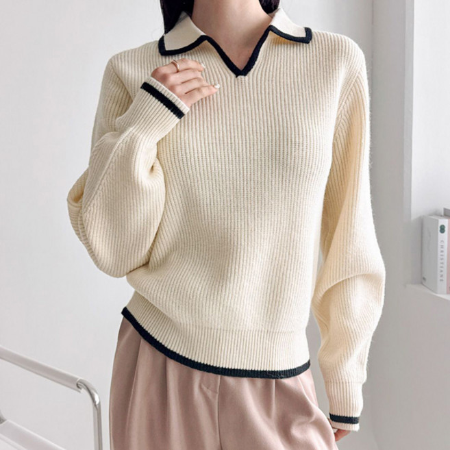 뜨개진 여성용 루즈핏 탄탄 라인 배색 브이넥 르브넨 카라넥 니트