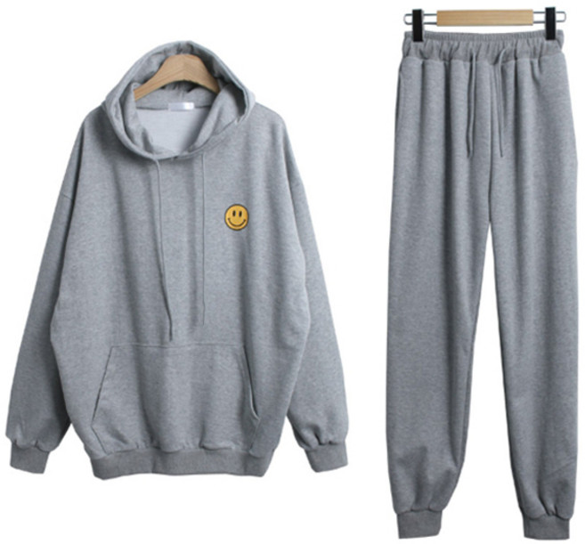 슈가펀 여성용 머쉬 스마일 오버핏 후드 조거팬츠 세트