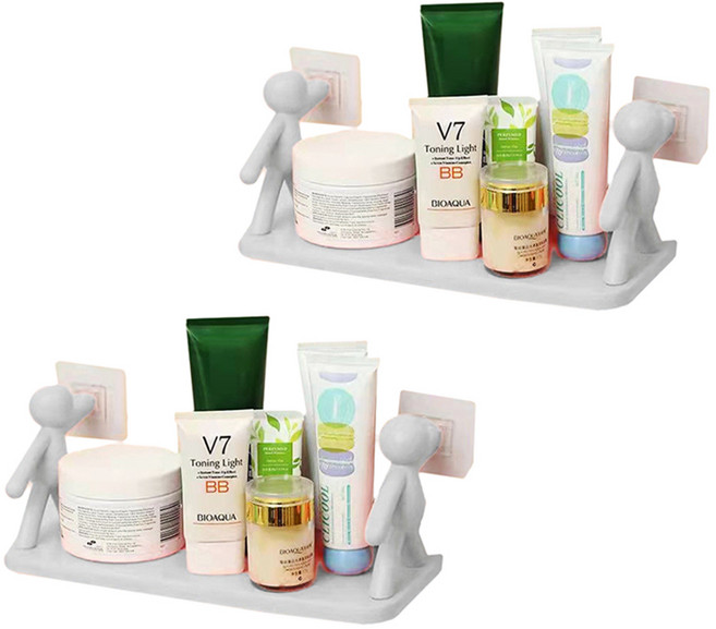 피어니스트 무타공 부착형 사람모양 욕실 선반, 그레이, 2개