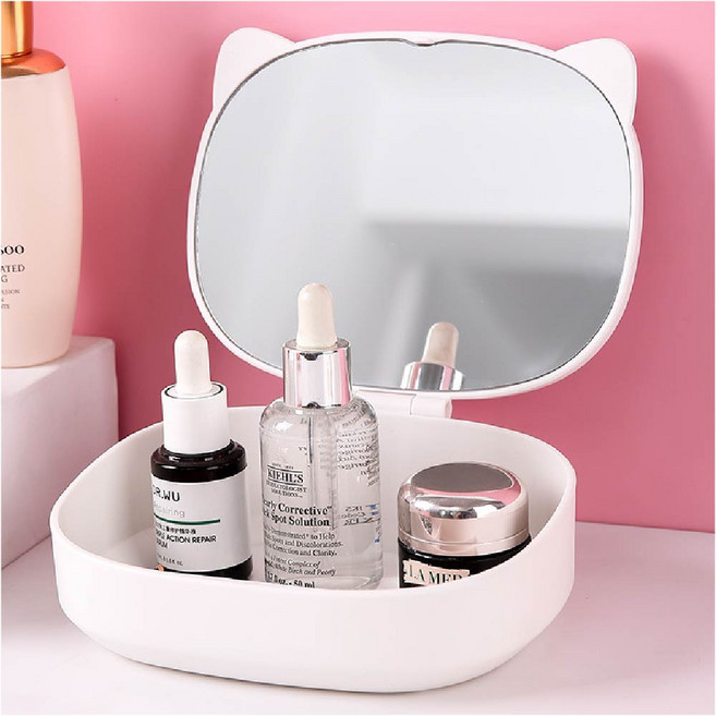 고양이 화장 수납 탁상 거울, 화이트캣