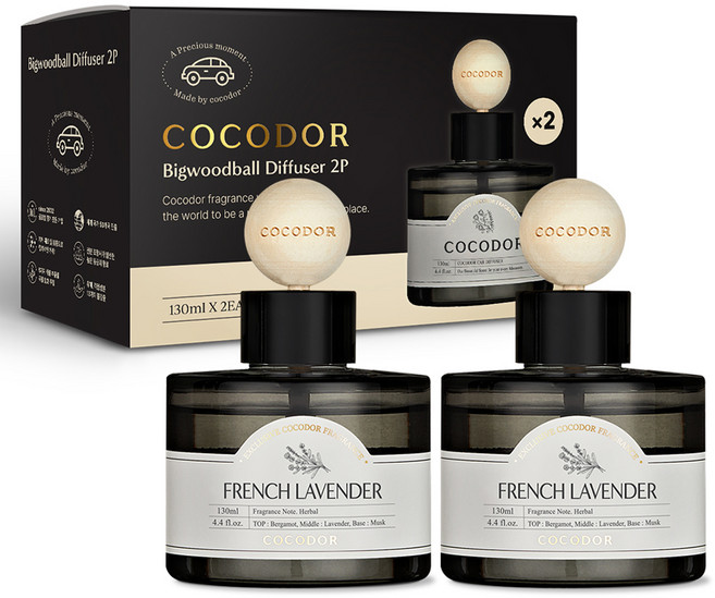 코코도르 프리미엄 빅우드볼 차량용 디퓨저 130ml 2개입, 프렌치라벤더, 1세트