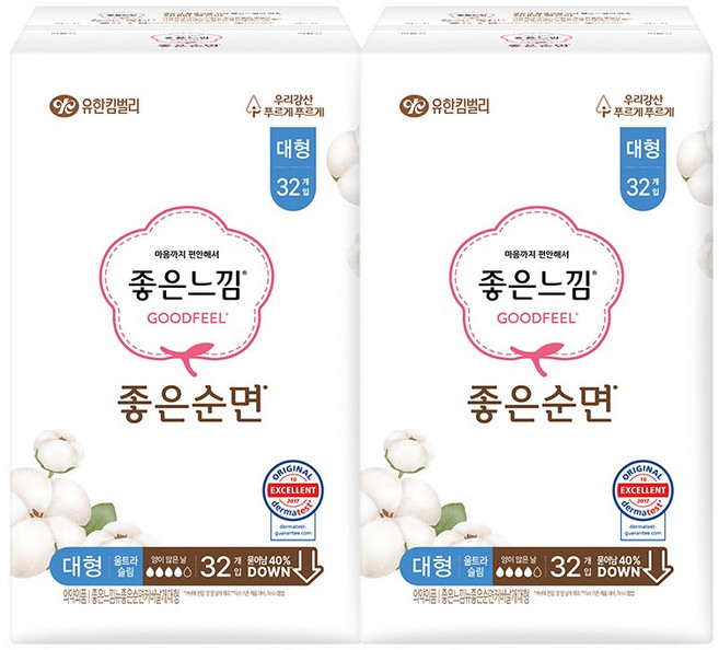 좋은느낌 순면 생리대 날개형, 대형, 32개입, 2개