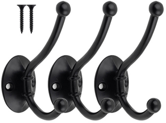 철물파크 노루2구 옷걸이 3개입 + 설치피스 세트, 블랙, 1세트