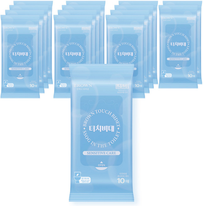 브라운 터치 비데 센시티브 케어 물티슈 물에 잘 녹는 화장실용 저자극 비데티슈 휴대형, 55g, 10매, 15개