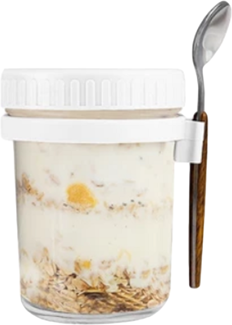 玻璃早餐燕麥杯 附湯匙 350ml, 白色, 1個