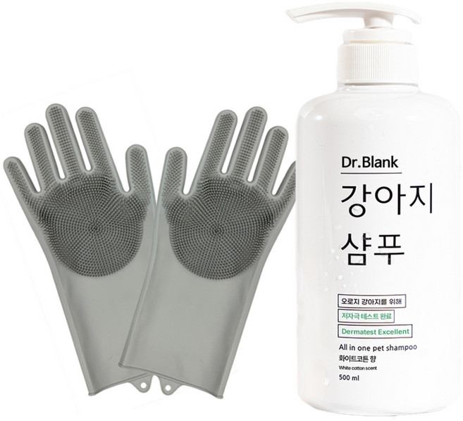닥터블랭크 강아지 저자극 샴푸 500ml 화이트 코튼 향 + 실리콘 샤워 장갑 세트, 1세트