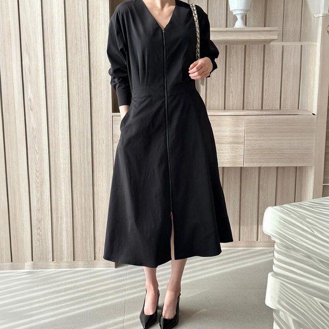 페이퍼먼츠 모브 브이넥 오픈 클로징 지퍼 트임 원피스 10084