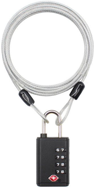 트래블큐브 스테인레스 코팅 케이블 1.5m + 초경량 TSA 4다이얼 자물쇠 세트 블랙, 1개