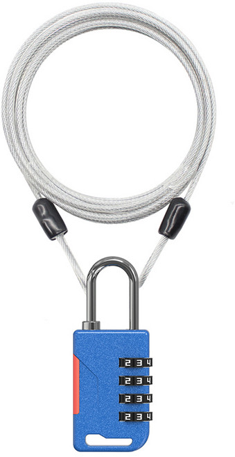 트래블큐브 스테인레스 코팅케이블 1m + 샤이니 4다이얼 안전자물쇠 세트 블루, 1개