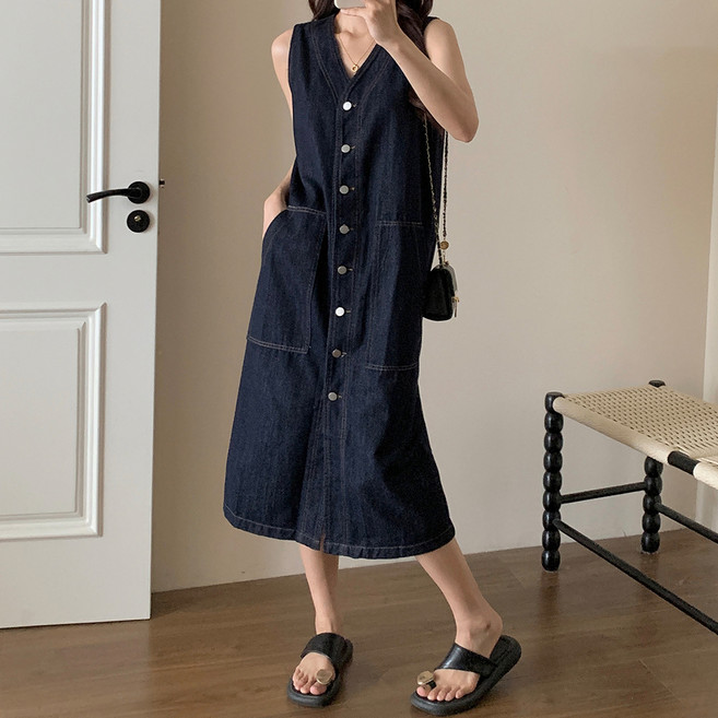 MEICHEL Kielong 口袋V領牛仔長版洋裝 10173, 深藍