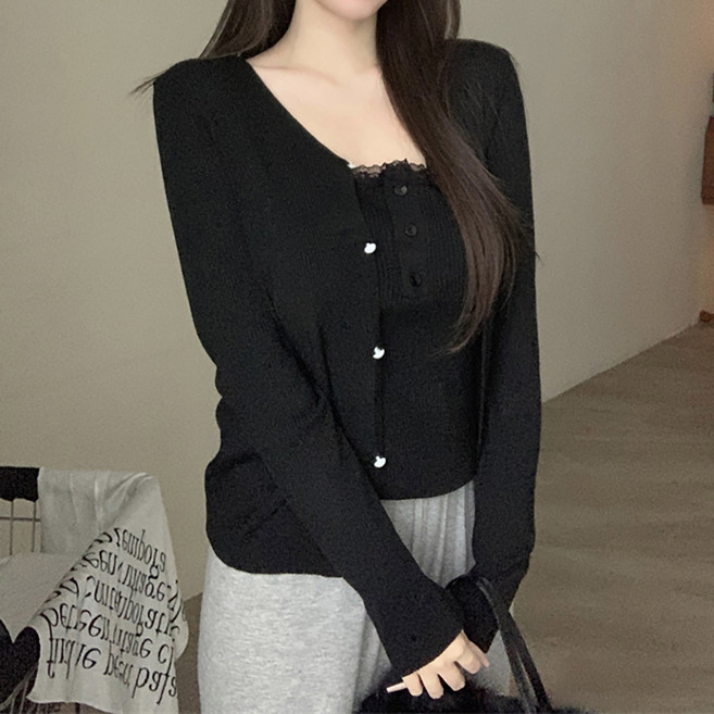 메이첼 엔젤릭 레이스 버튼 나시 골지 가디건 세트 10114