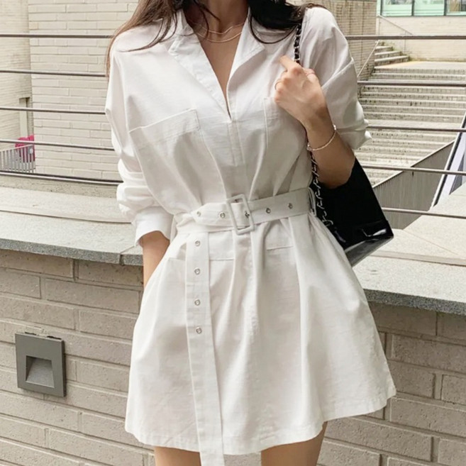 비비에모 투포켓 슬림핏 긴팔 셔츠 원피스 10192