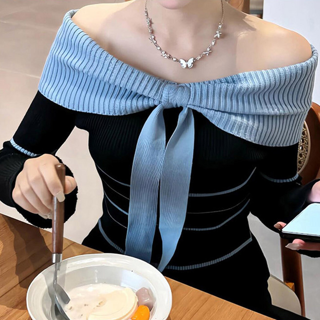 비비에모 여성용 솔드 오프숄더 컬러 리본 니트 티셔츠 10080