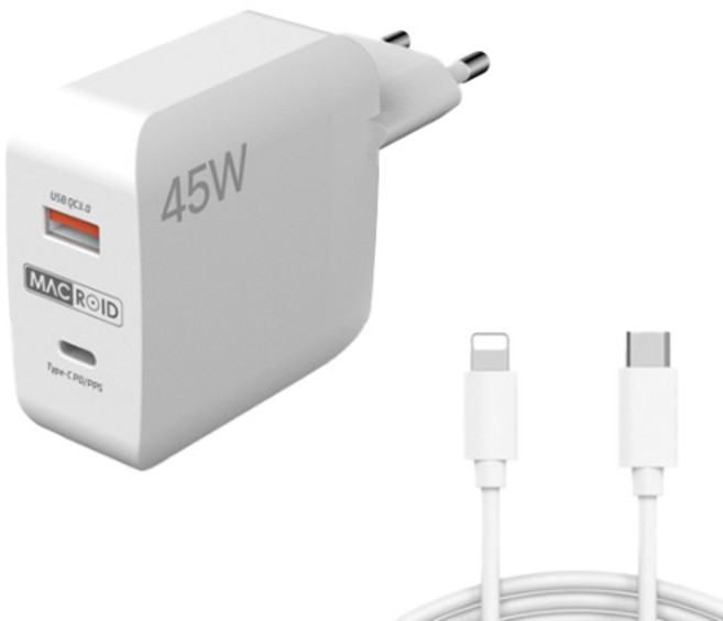 MACROID 45W PPS 超高速多功能充電器 V-4500 + Cto8 傳輸線組合, 白色, 1組