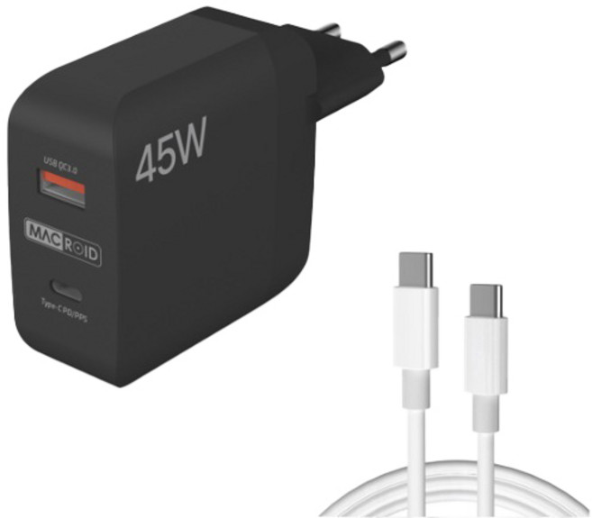 MACROID 45W PPS 超高速多功能充電器 V-4500 + CtoC 傳輸線組, 1套, 黑色