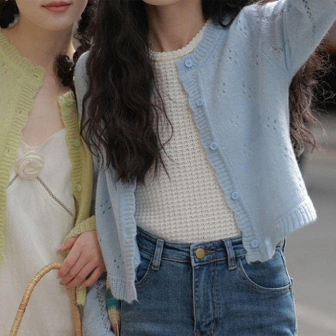 아이엠몽 여성용 마로샤 펀칭 라운드넥 긴팔 가디건