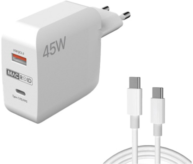 맥로이드 45W PPS 초고속 멀티충전기 V-4500 + CtoC 케이블 세트, 화이트, 1세트