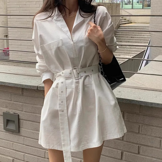 비비에모 여성용 빅포켓 셔츠형 벨티드 미니 원피스 10095
