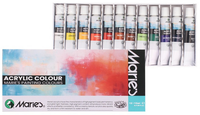 마리에스 시나아트 아크릴물감 12ml 세트, 144ml, 12색