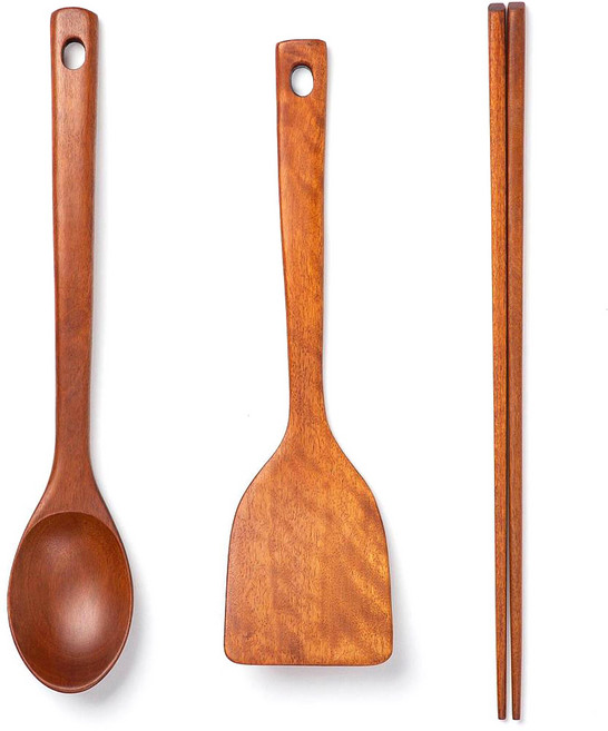 JAJU 옻칠 조리기구 3종 세트, 볶음스푼 + 뒤집개 + 요리 젓가락, 브라운, 1세트