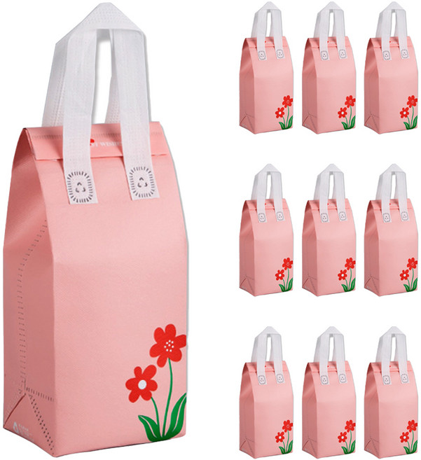 아이엔피 보온보냉 부직포 손잡이백 음료용, 핑크플라워, 10개