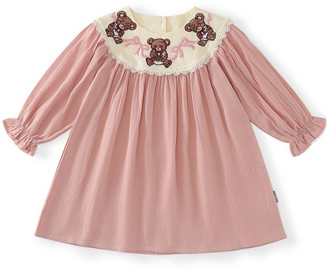 유블리 여아용 조누 곰캐릭터 리본 레이스 라운드넥 프릴 주름 원피스