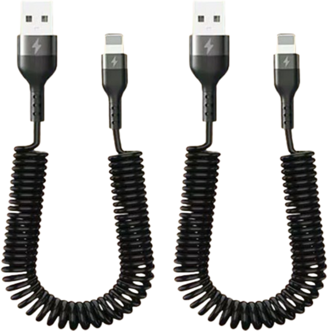 파워샷 아이폰 스피링 릴케이블 휴대폰 테블릿 충전 케이블 2종 세트, 블랙, 1세트, 2m