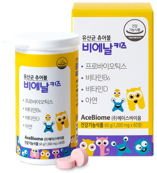 에이스바이옴 비에날 키즈 유산균 츄어블 60g, 60정, 1개
