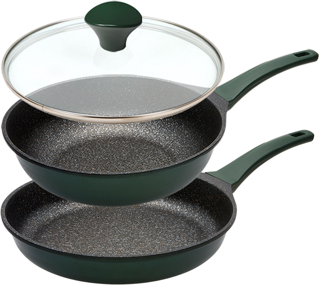 제니얼 인덕션 국산 헤스티아 IH 후라이팬 3종세트, 딥그린, 1세트, 후라이팬 28cm + 궁중팬 28cm + 강화유리뚜껑 28cm