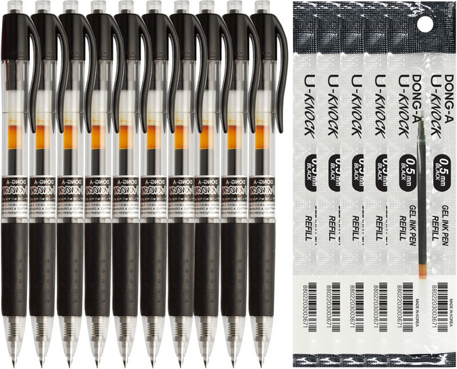 동아 유노크 볼펜 0.5mm 10p + 볼펜 리필 0.5mm 5p 세트, BLACK, 1세트