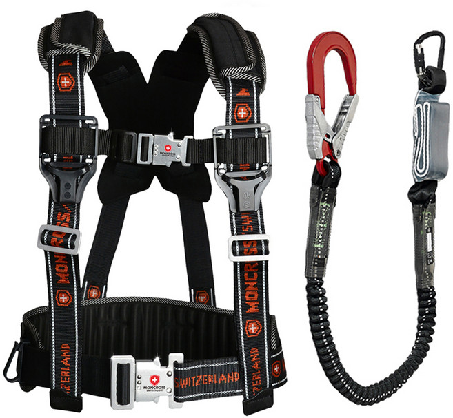 몽크로스 고급형 안전 건설현장 추락방지 자동카라비너 적훅 AL 엘라싱글 죔줄 상체식 안전벨트 DMS-K-106A + + 몽크로스 파우치 2종, 적흑, 1개