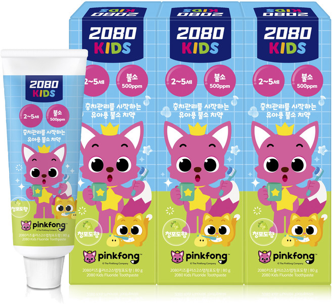 2080 핑크퐁 2스텝 불소 아동용 치약 청포도향, 80g, 3개