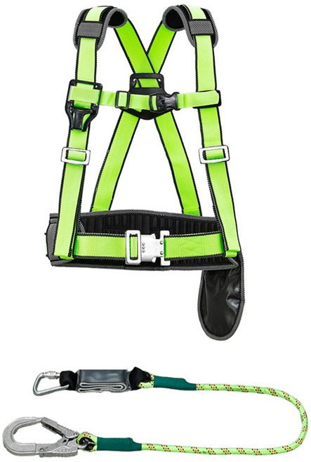 동명 원터치 허리 버클 상체식 벨트 안전대 + 싱글 죔줄 세트 DMS-106, 형광그린 + 형광, 1세트