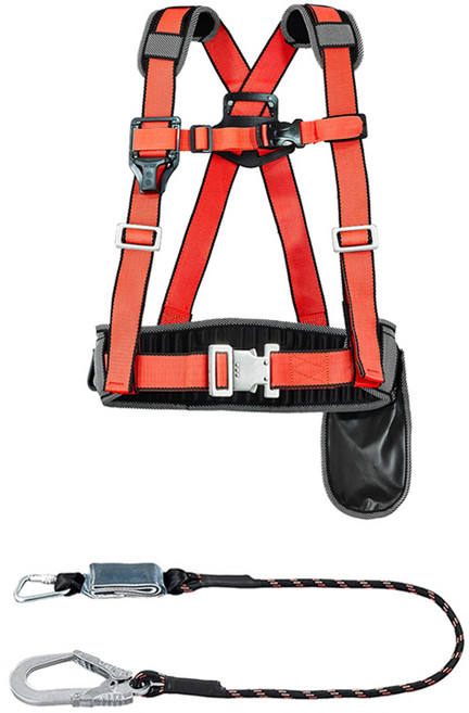 동명 산업용 공사현장 고소작업 건물외벽청소 간판설치 원터치 허리버클 상체식 벨트 안전대 적색 + 싱글 죔줄 검정 세트 DMS-106, 1세트