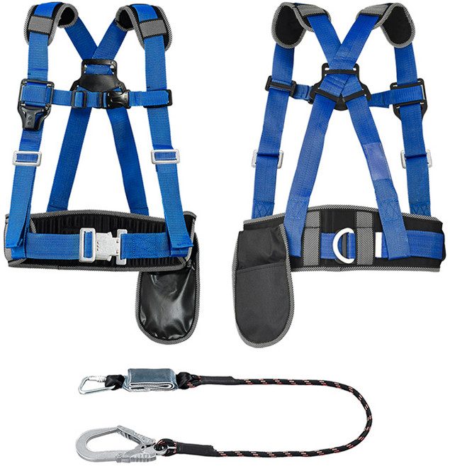동명 산업용 안전 공사현장 추락방지 건물외벽청소 간판설치 원터치 허리버클 상체식 안전벨트 청색 + 싱글 죔줄 검정 세트, 1세트