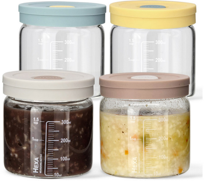 미르코리아 헥사 내열유리 투톤 실리콘캡 눈금유리병 4종 세트, 400ml, 1세트