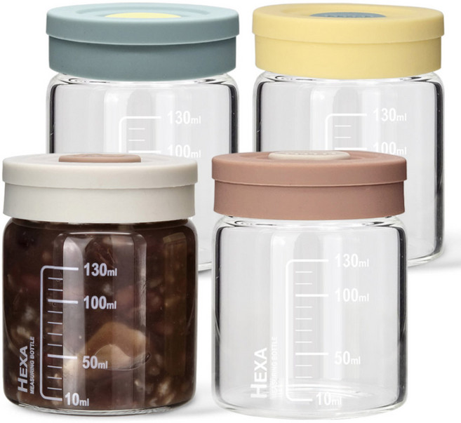 미르코리아 헥사 내열유리 투톤 실리콘캡 눈금유리병 4종 세트, 150ml, 1세트